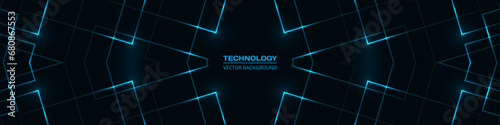 Black abstract technology futuristic wide banner background with blue luminous lines. Vector illustration