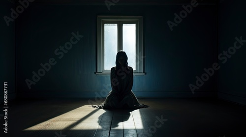 Woman sitting in dark room with light coming through window.