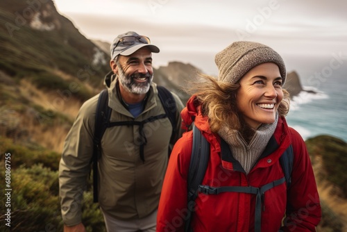 Senior couple admiring the scenic Pacific coast while hiking, filled with wonder at the beauty of nature during their active retirement, generative ai 