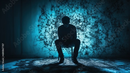 Someone sitting on a chair slumped over with his hands down, silhouette lighting, light blue and dark black.
