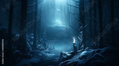 Mystischer Waldweg im Mondlicht  Ein schneebedeckter Pfad ins Unbekannte