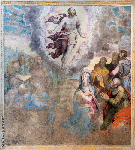 NAPLES, ITALY - APRIL 23, 2023: The fresco of Ascension in the church Chiesa di San Giovanni a Carbonara by unknown mannerist painter from years (1570 - 1575).