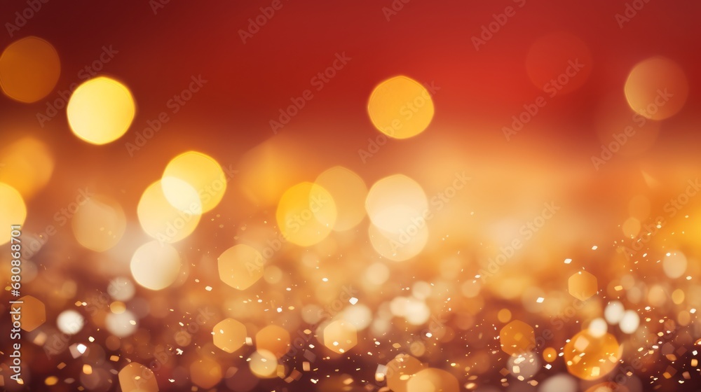 Minimalistic textured Christmas background, garland bokeh and copy space for text. New Year's card. Red and golden. Generative AI.