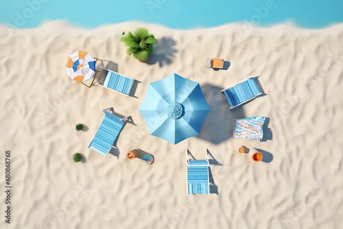 Top view summer beach vacation scene with blue background. 3d rendering, Generative AI
