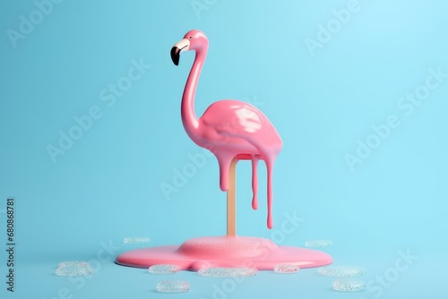 Pink stick ice cream melting with flamingo float on pastel blue background. Creative idea minimal summer concept. 3d rendering  Generative AI