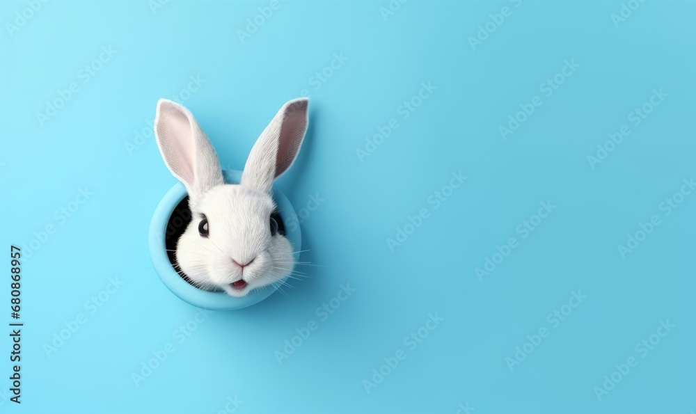 Easter bunny peeps out of the blue wall. 3d rendering, Generative AI