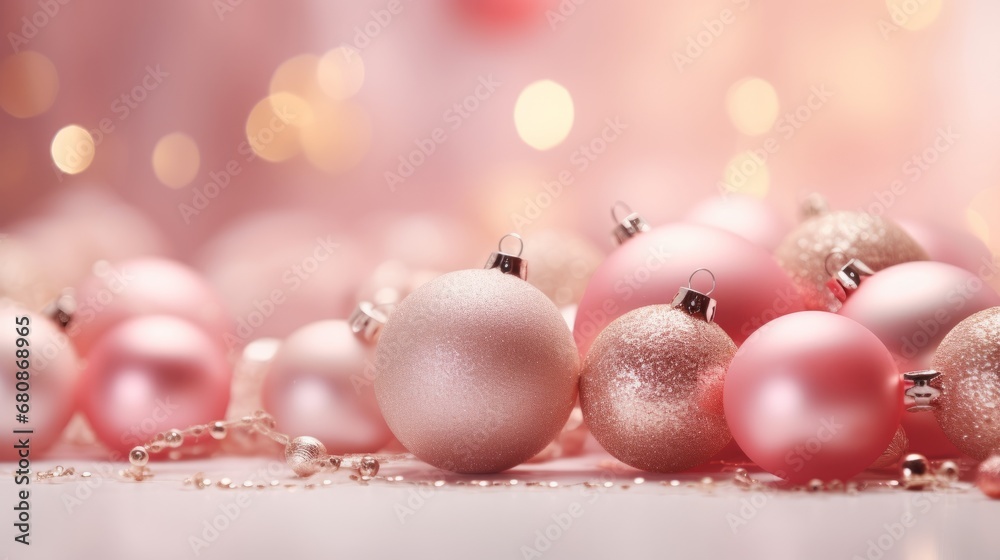 Minimalistic textured Christmas background, garland bokeh and copy space for text. New Year's card. Pink trendy balls. Generative AI. Minimalistic textured Christmas background, garland bokeh and copy space for text. New Year's card. Pink trendy balls. Generative AI.