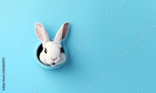 Easter bunny peeps out of the blue wall. 3d rendering, Generative AI © Just Bella
