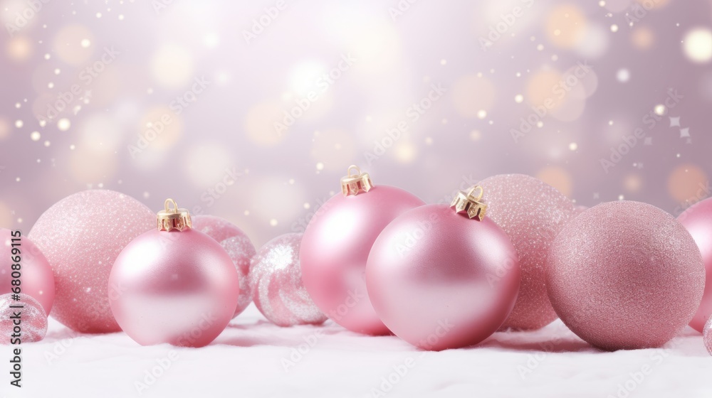 Minimalistic textured Christmas background, garland bokeh and copy space for text. New Year's card. Pink trendy balls. Generative AI. Minimalistic textured Christmas background, garland bokeh and copy space for text. New Year's card. Pink trendy balls. Generative AI.