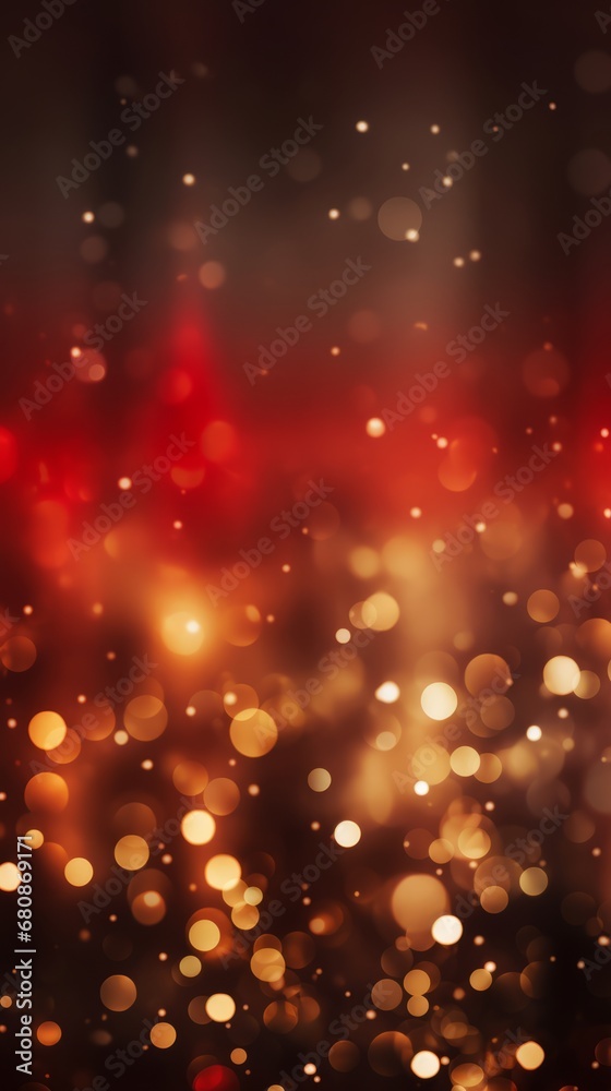 Minimalistic textured vertical Christmas background, garland bokeh and copy space for text. New Year's card. Red dark and golden. Generative AI.