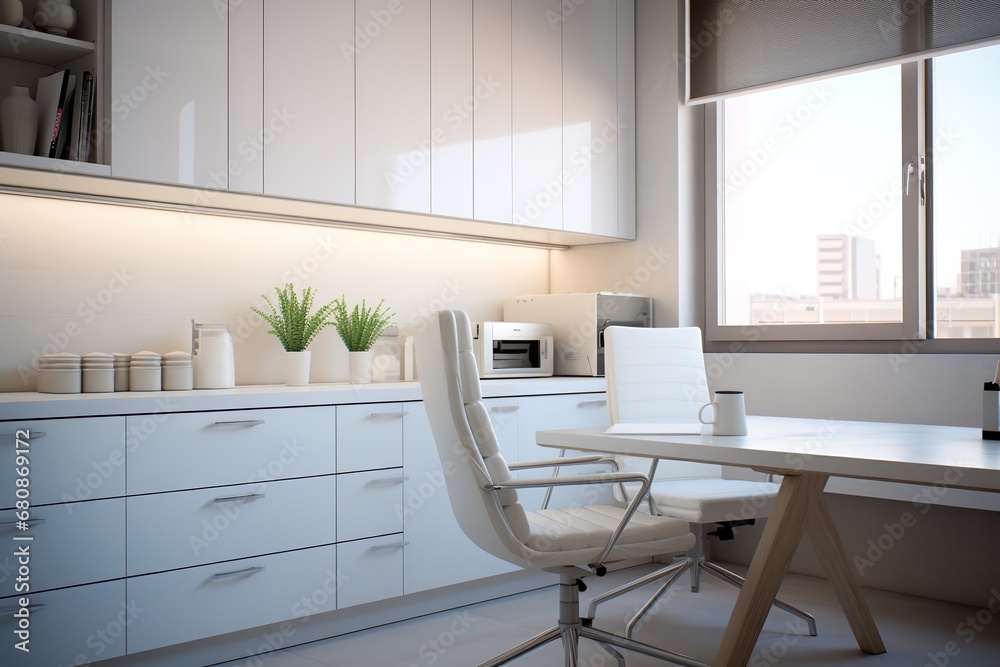 Fototapeta premium Stunning modern kitchen with sleek white cabinets, stainless steel appliances, and island overlooking a lush garden. Perfect for cooking and entertaining