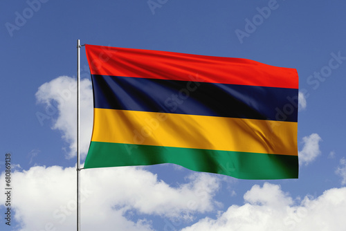 Mauritius flag fluttering in the wind on sky.
