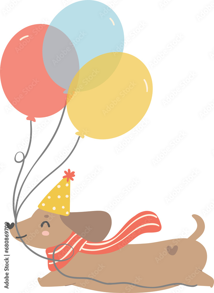 Birthday Dog, Cute Dachshund Sausage Dog with balloons , Festive and Playful Pet in Colorful Party Theme