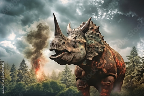 A terrible dinosaur Tyrannosaurus T-rex with an open huge mouth against a background of fire and smoke in the burning primeval jungle. Death of the dinosaurs.