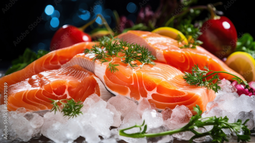 Tender fillet of seasoned salmon on ice. Fresh fish in the store. Tender fillet of seasoned salmon on ice. Fresh fish in the store.