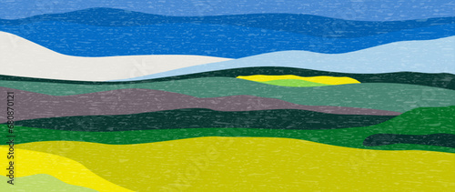 Vector flat illustration. Abstract spring landscape. Colorful sky, field, grass, green hills, horizon. Flat design. The concept of nature, tourism, travel. Suitable for backgrounds, textile design.