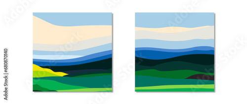 Vector flat illustration. Spring or summer landscape. Square stylish poster. Colorful sky, field, grass, green hills, horizon. Flat design. The concept of nature, tourism, travel.