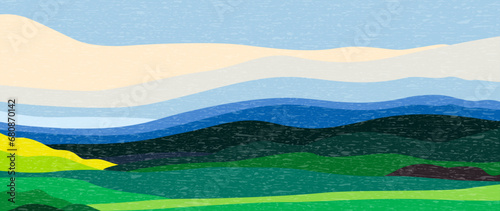 Vector flat illustration. Abstract summer landscape. Colorful sky, field, grass, green hills, horizon. Flat design. The concept of nature, tourism, travel. Suitable for backgrounds, textile design.V