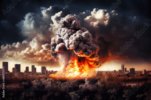 Violent explosion against the backdrop of a large city. Sunset. Apocalypse. War. Nuclear threat. Third World War. Attack on a peaceful city photo