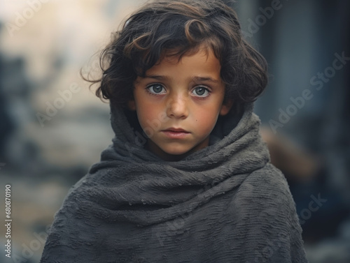 Young Palestinian child with soulful eyes wrapped in a scarf.