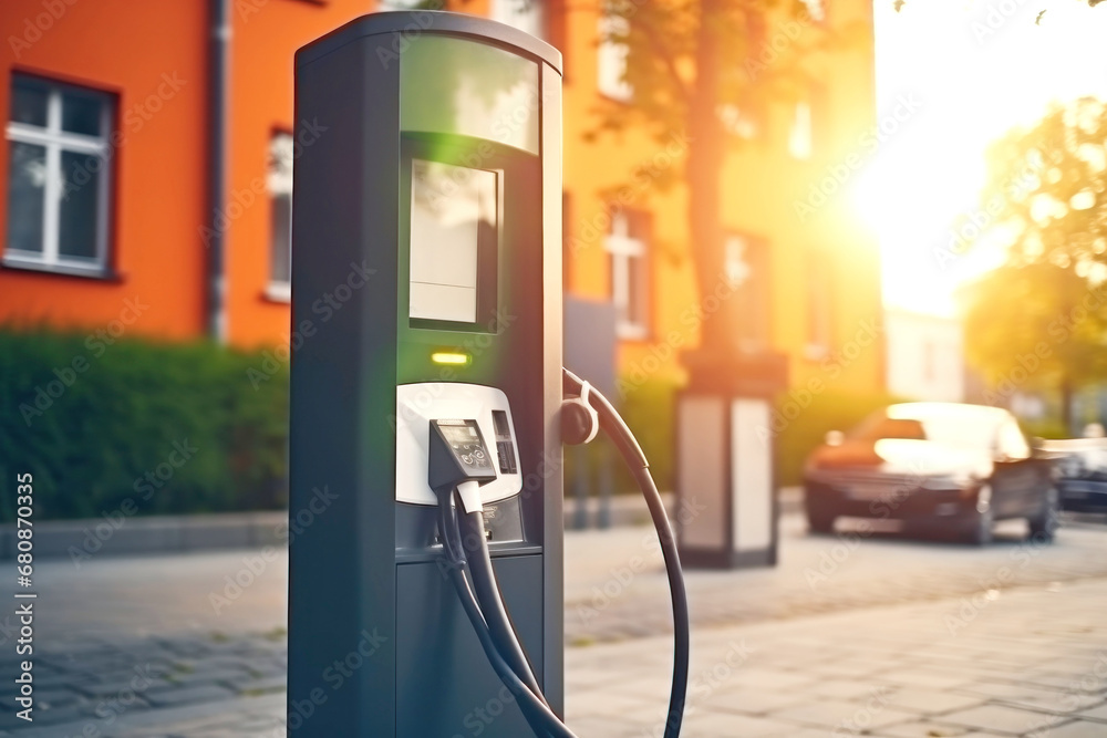 Electric car charging station in a modern city. Availability and environmental friendliness. Green energy. Modern charging station