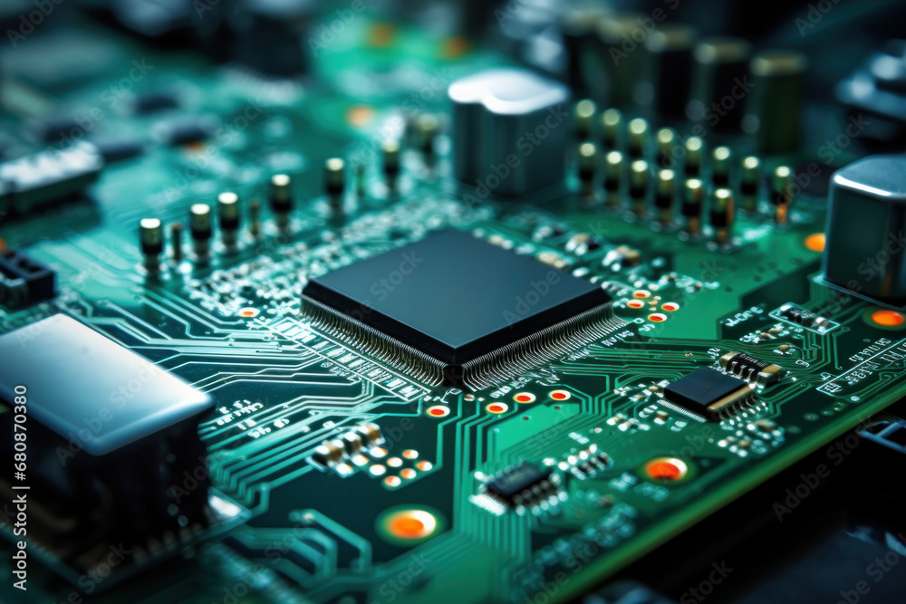 Motherboard of a computer or other electronic equipment. Close-up. Powerful multi-core processor.