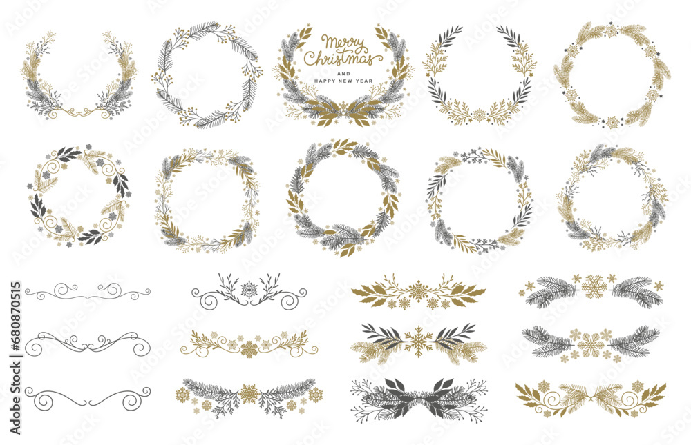 Christmas drawn wreaths with fir branches, leaves and snowflakes. Winter floral decorations, frames and borders. Vector illustration Christmas drawn wreaths with fir branches, leaves and snowflakes. Winter floral decorations, frames and borders. Vector illustration