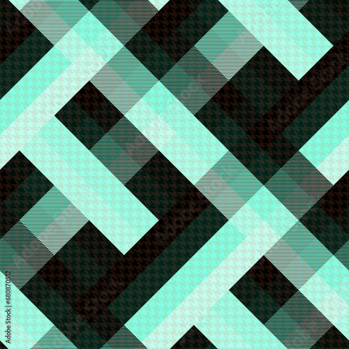 Plaid Seamless Pattern, Diagonal Gingham Vector Pixel in Dark Green and Black Stripe, Modern Tartan Background Graphic with Hound tooth Line Grid