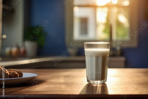 glass of milk and cookies on table on the kitchen with window