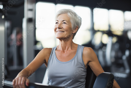 happy senior woman at gym. Concept of healthy active lifestyle on retirement