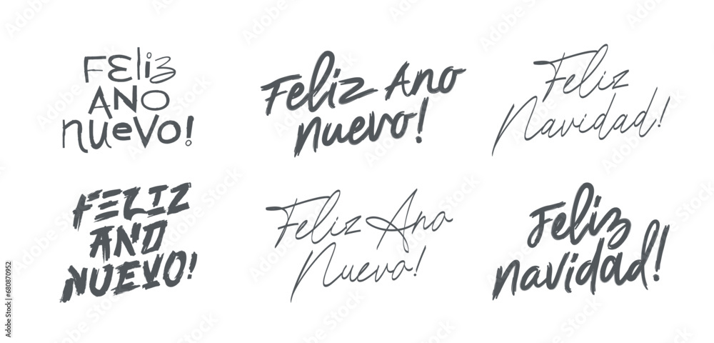 Collection of New Year and Christmas inscriptions in Spanish. Feliz Ano Nuevo! Feliz Navidad! Beautiful lettering and calligraphy.