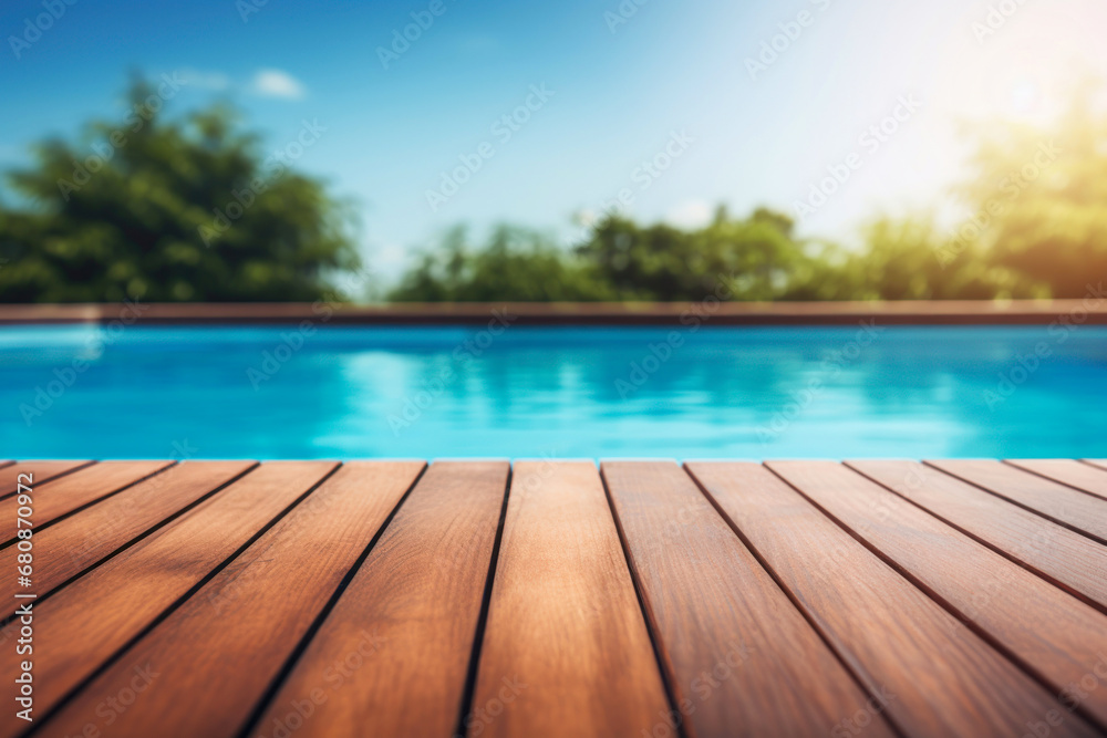 blank wooden board with swimming pool on the background