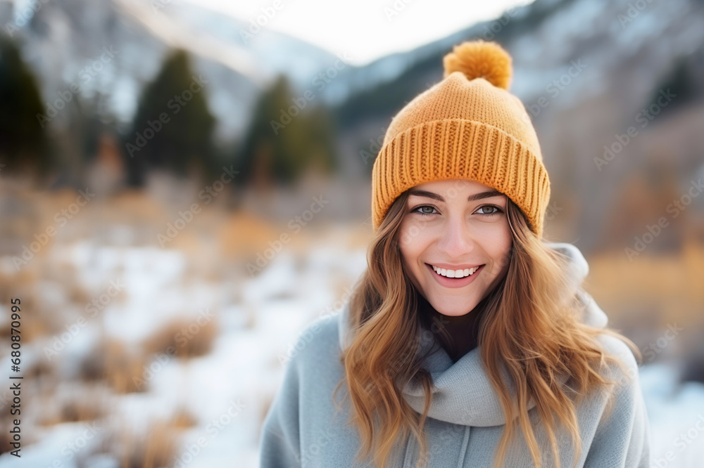 smiling beautiful young woman in knitted hat outdoors on winter day