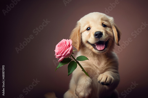 cute puppy holding pink rose in paws