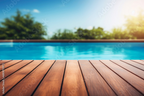 blank wooden board with swimming pool on the background