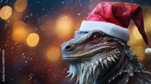 fantasy dragon in Santa Claus hat with falling snow and festive bokeh lights on the background