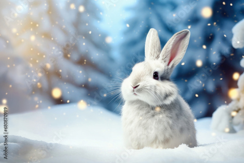 beautiful rabbit with fabulous winter snowy forest and bokeh on the background