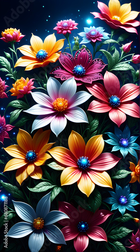 Colorful cosmic flowers that are highly detailed  beautiful  and sparkling. Fantasy wallpaper background.