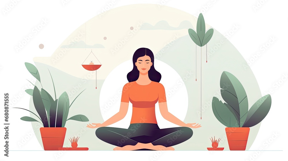 Simplified UI Illustration of Yoga Session in Flat Style on White Background.