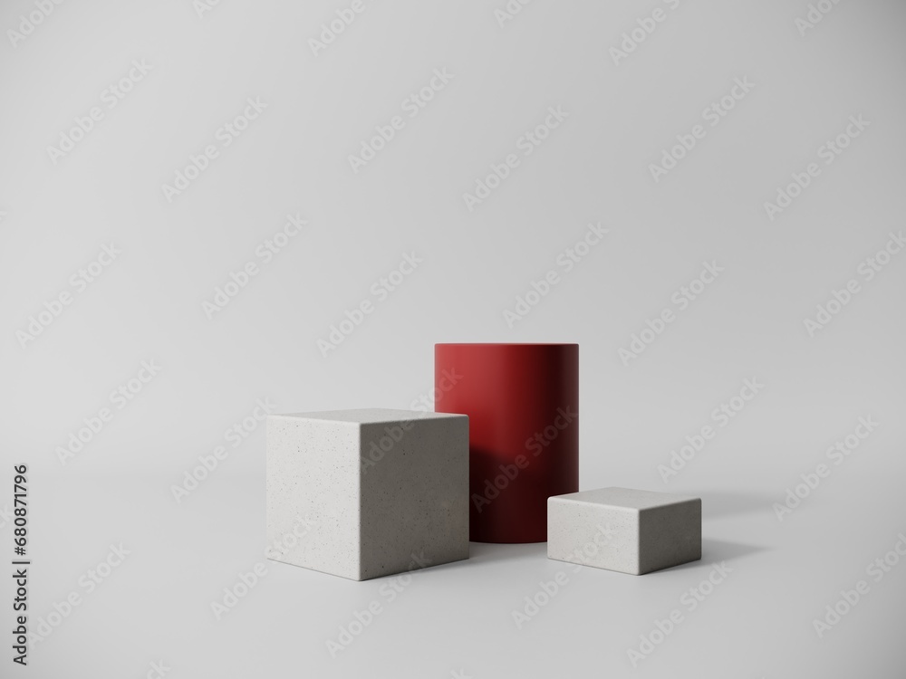 Minimalistic showcase, display. Premium podium, concrete stand on pastel, light background bright red element. Mock up for exhibitions, presentation of products - 3D, render. Minimalistic showcase, display. Premium podium, concrete stand on pastel, light background bright red element. Mock up for exhibitions, presentation of products - 3D, render.