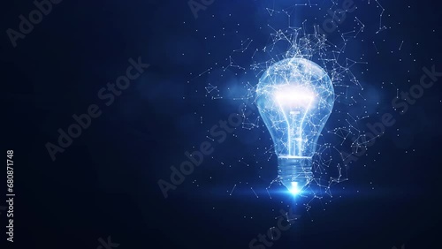 Electric light bulb bright polygonal connections on a dark blue background. Technology concept innovation artificial intelligence brainstorming business success.
