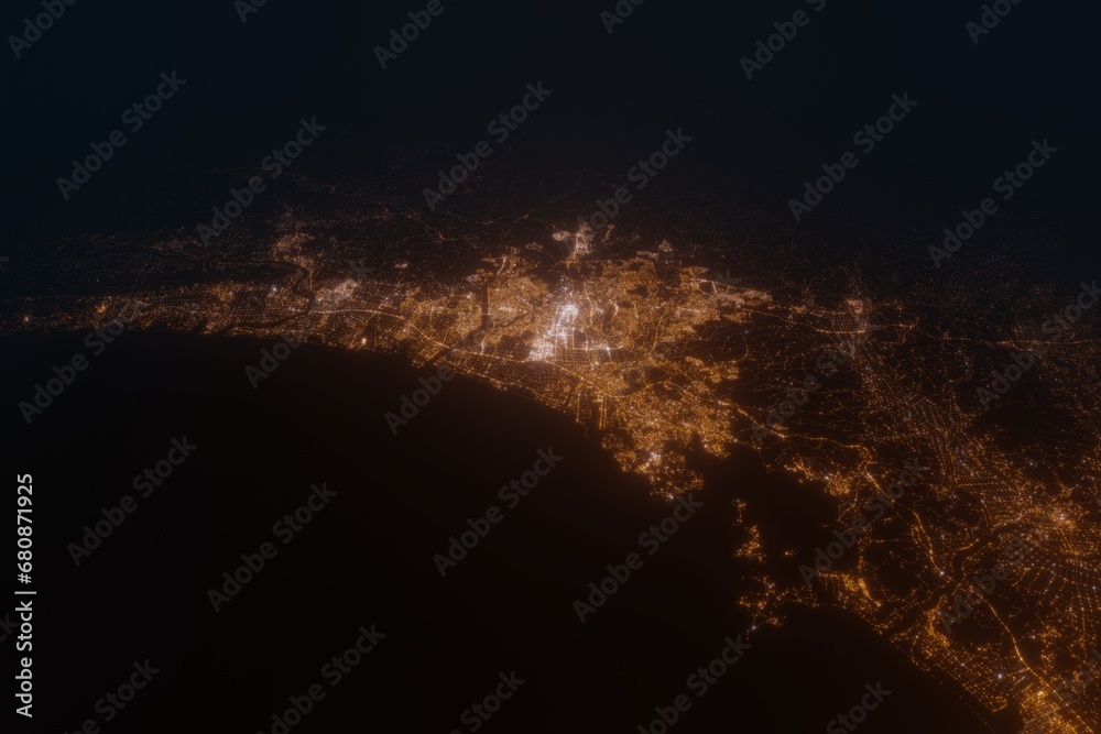 Aerial view on Sendai (Japan) from east. Satellite view on modern city at night Aerial view on Sendai (Japan) from east. Satellite view on modern city at night