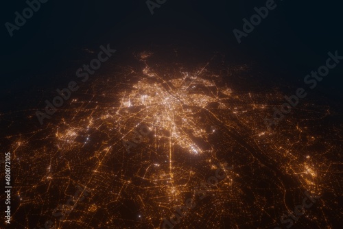 Aerial view on Warsaw (Poland) from south. Top view on modern city at night from space