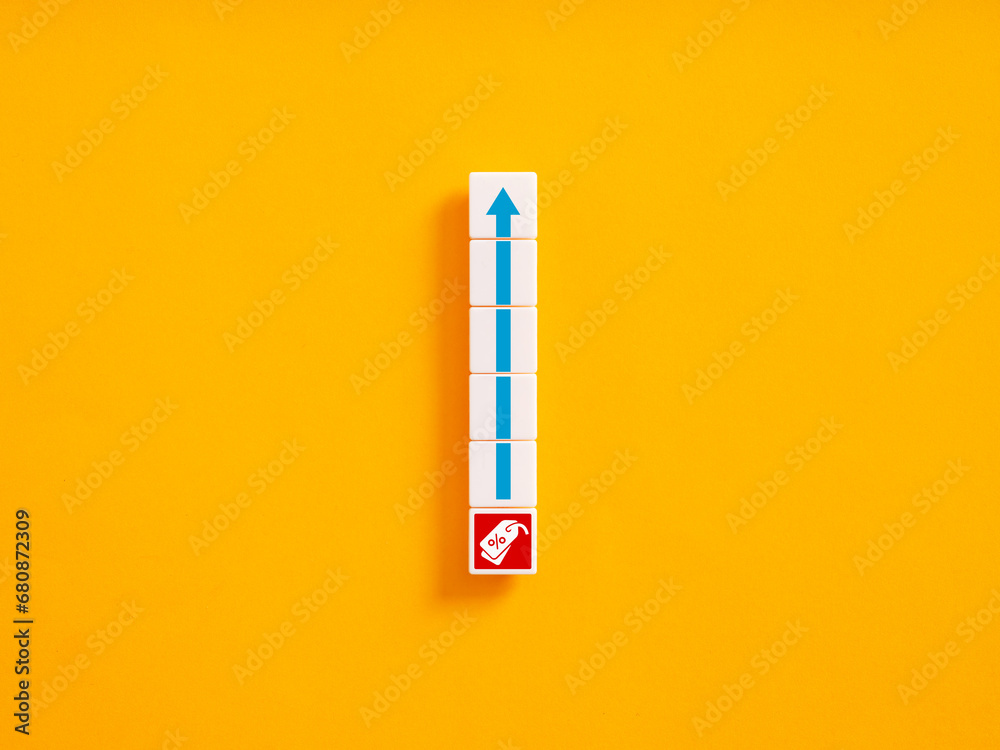 Inflation and increasing consumer prices. Blocks with price tag and ascending arrow symbols. Inflation and increasing consumer prices. Blocks with price tag and ascending arrow symbols.