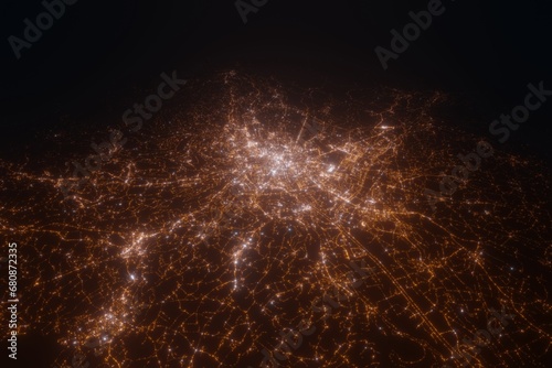 Aerial view on Salzburg (Austria) from north. Top view on modern city at night from satellite