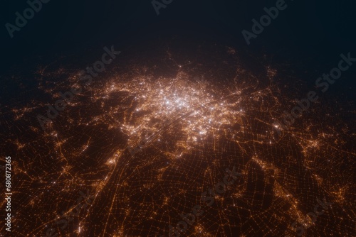 Aerial view on Vienna (Austria) from east. Top view on modern city at night from satellite