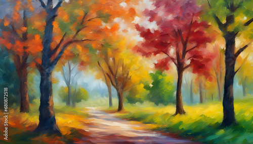 Beautiful Oil painting colorful tree in the garden.