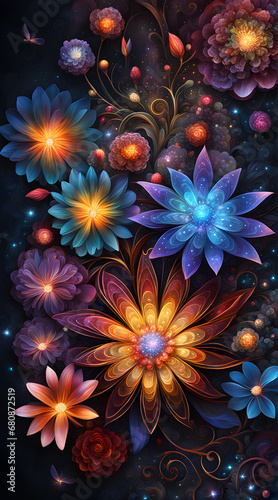 Colorful cosmic flowers that are highly detailed  beautiful  and sparkling. Fantasy wallpaper background.