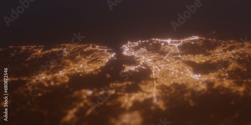 Street lights map of Rio de Janeiro (Brazil) with tilt-shift effect, view from north. Imitation of macro shot with blurred background. 3d render, selective focus