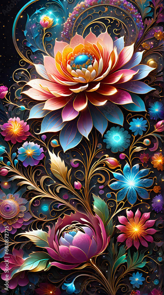 Colorful cosmic flowers that are highly detailed, beautiful, and sparkling. Fantasy wallpaper background. Colorful cosmic flowers that are highly detailed, beautiful, and sparkling. Fantasy wallpaper background.